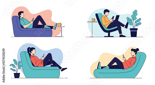 Four people relaxing at home using their mobile phones and laptops surrounded by colorful abstract shapes and plants