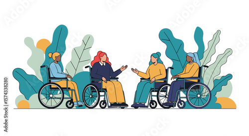 Diverse Group of People in Wheelchairs Communicating and Interacting Together Amidst Abstract Green Foliage