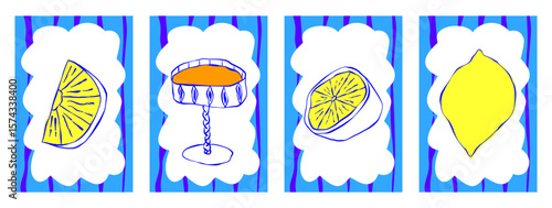 Lemon and cocktail poster in amalfi italian style. Whimsical hand drawn poster with fruit and champagne in blue and yellow color. Amalfi mediterranean vector hand drawn style.