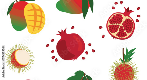 A Delicious Assortment of Fresh Tropical Fruits Including Ripe Mangoes and Pomegranates With Exotic Rambutan