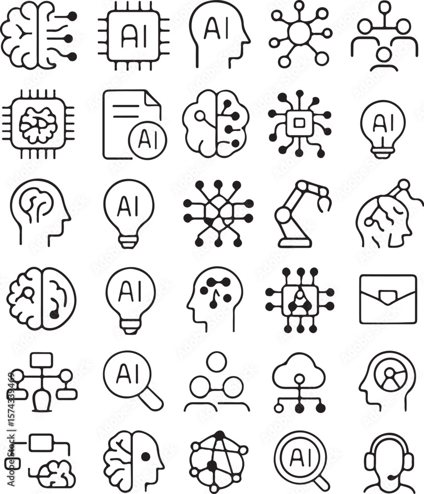 Fototapeta premium Artificial Intelligence Icons AI Technology, Machine Learning, Deep Learning, Neural Networks
