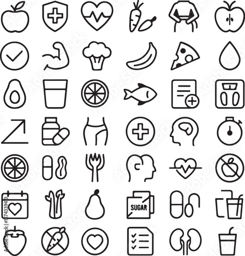 Healthy Lifestyle Icons Fitness, Nutrition, and Wellness Symbols