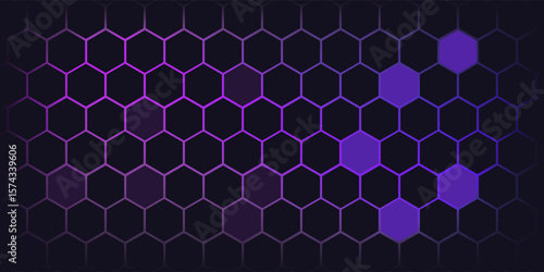 Dark hexagon abstract technology background with purple and pink colored bright flashes under hexagon. Hexagonal gaming vector abstract tech background.