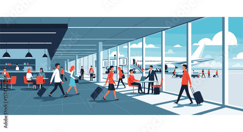 Modern Airport Terminal Interior with Travelers and Aircraft Visible Through Large Windows