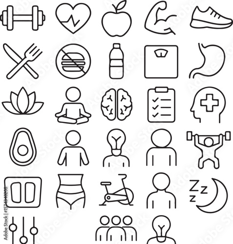 Healthy Lifestyle Icons Fitness, Nutrition, and Wellness Graphics