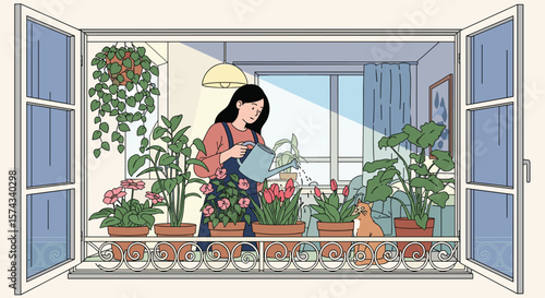 A young woman diligently waters her numerous potted plants on a sunny balcony filled with lush greenery and blooming flowers providing a peaceful and serene urban garden experience