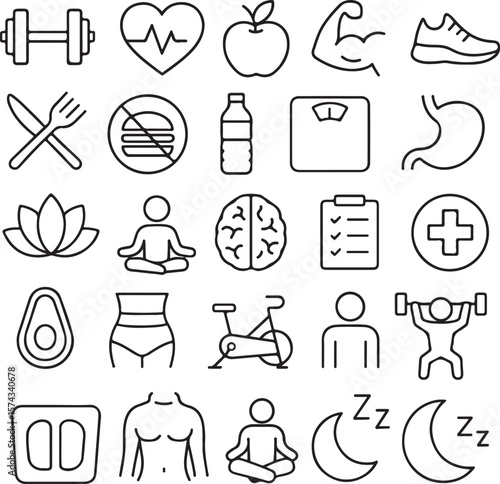 Healthy Lifestyle Icons Fitness, Nutrition, and Wellness Symbols