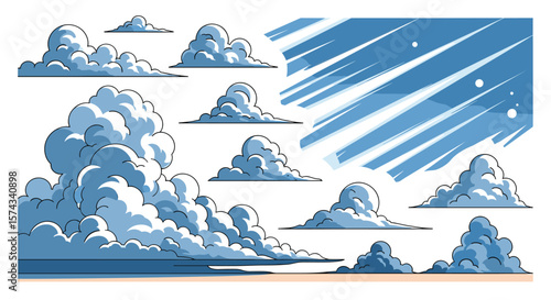 A Beautiful Collection of Fluffy Pixel Art Clouds Showcasing Different Shapes and Sizes Under a Streaky Sky