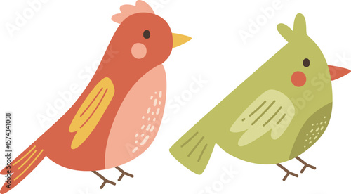 Cute Red Green Birds Childish Vector Illustration