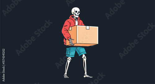 Spooky Skeleton Delivery Person Carries Cardboard Box With Care Through The Night