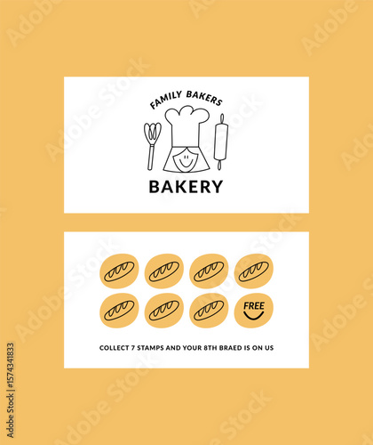 Design template of bakery shop loyalty card. Discount coupon for collection stamps. Loyalty card for cafeteria or cafe