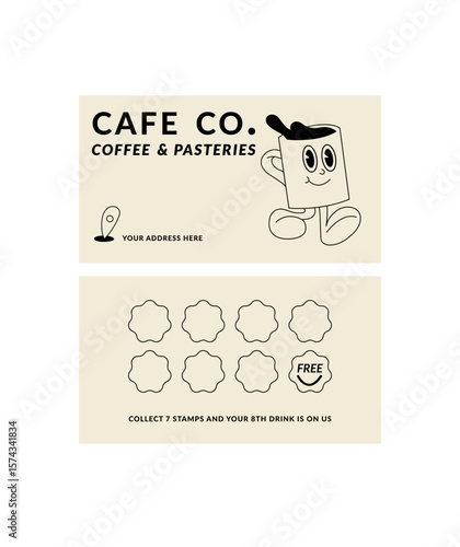 Design template of coffee shop loyalty card. Discount coupon for collection stamps. Loyalty card for cafeteria or cafe