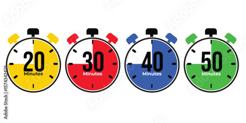 Colorful stopwatch timer icons set with 20, 30, 40, 50 minute countdowns. Flat vector design in yellow, red, blue, green. Modern digital time tracker illustration for infographics and UI.


