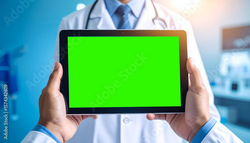 Doctor holding digital tablet with green screen in hospital setting for medical app or consultation display