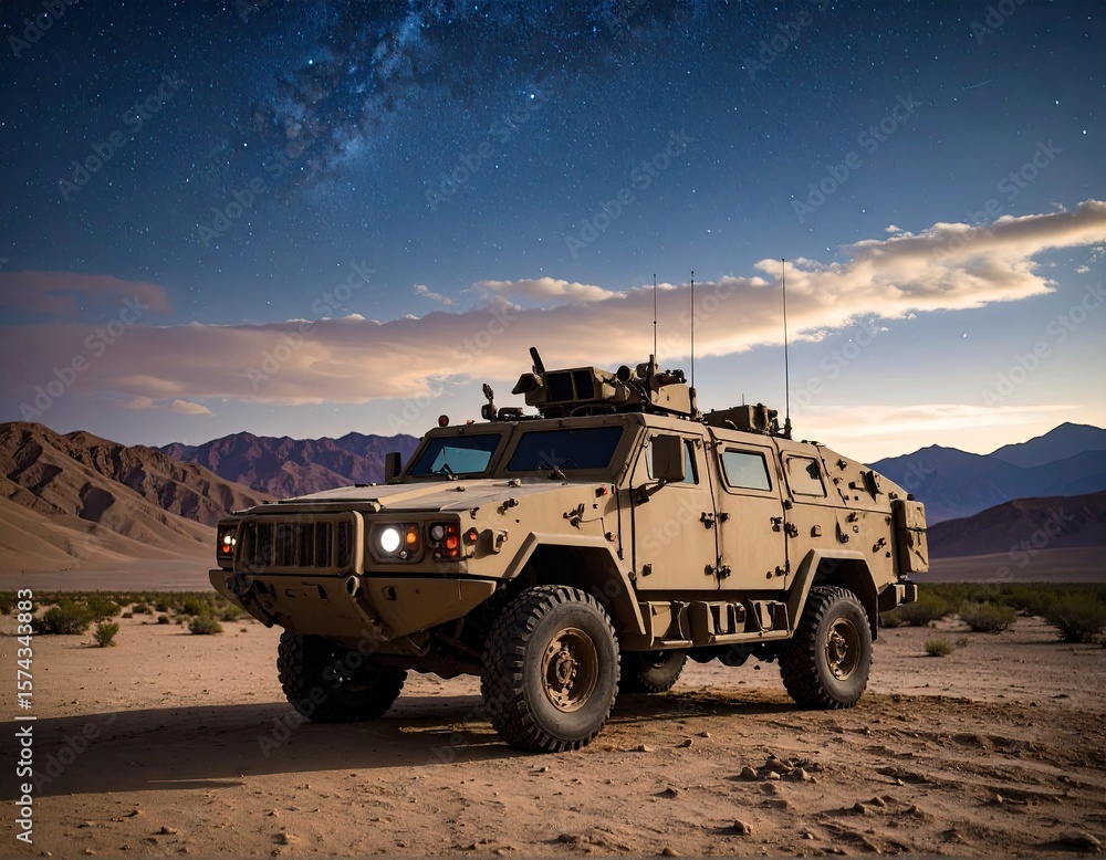 Fototapeta premium Military vehicle in desert at night