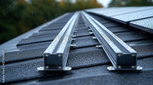 Panel mounting system hardware aluminum rails bolts weatherproof installation on modern house roof with water droplets