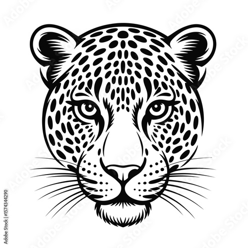 Black and white vector illustration of a fierce leopard head with bold eyes of the hunter text symbolizing focus and primal instinct