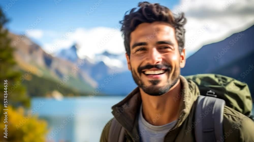 Smiling hiker with backpack poses against snow-capped mountain vista Smiling hiker with backpack poses against snow-capped mountain vista