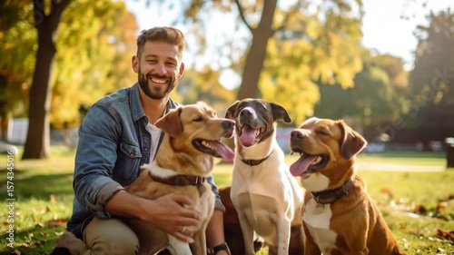 Smiling man sits on grass, hugging a tan dog. Two other dogs, also panting happily, sit nearby in a sunny park