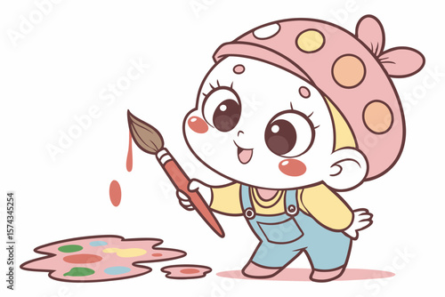 Vector cute Baby Girl cartoon character holding a paintbrush and making a colorful mess isolated on white background