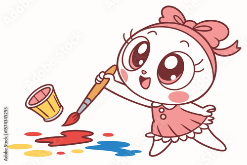 Vector cute Baby Girl cartoon character holding a paintbrush and making a colorful mess isolated on white background