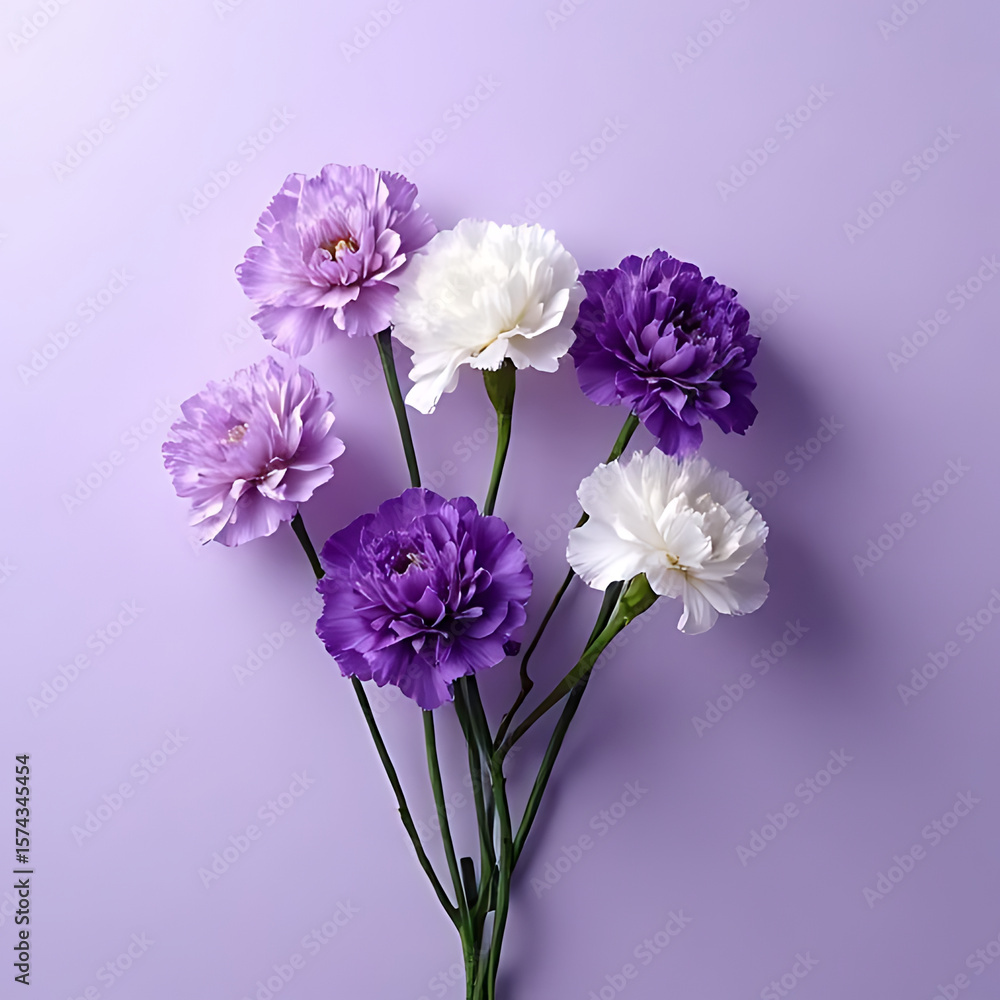 Obraz premium Modern artistic composition of purple and white carnations on a clean, muted background with symmetrical balance 
