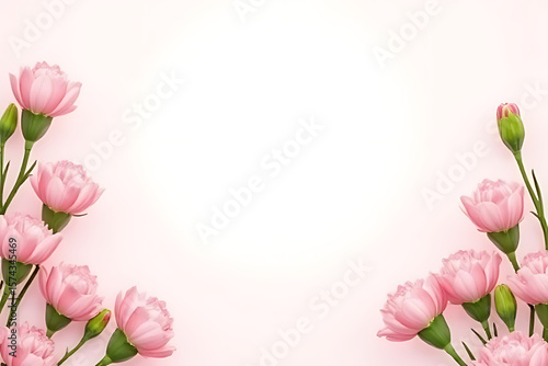 Elegant floral background featuring light pink carnations and green stems arranged diagonally 