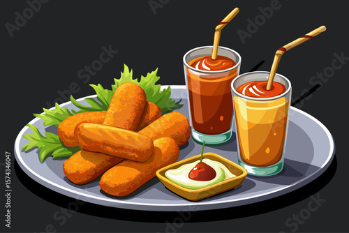 Golden fried mozzarella sticks with the elastic effect of vector of melted cheese, with marinara sauce, isolated white plate on a black table with a cold drink and a straw next to it...