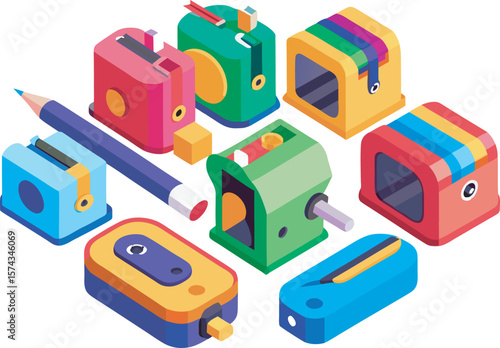 different types of pencil sharpeners in various bright colors. 