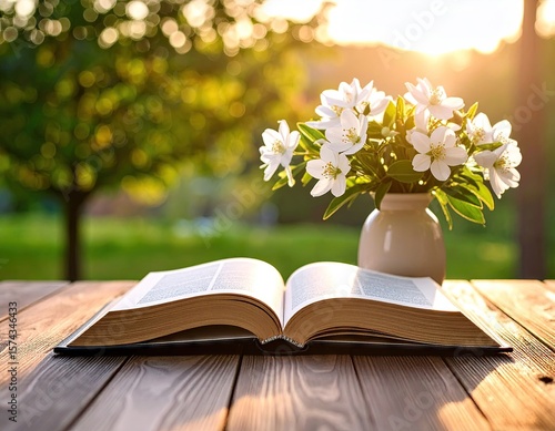 Open book with flowers on a wooden table