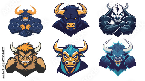 Stylized angry bull mascot flexing muscles with fierce expression and dynamic pose, designed as a powerful symbol of strength, energy, and determination, ideal for sports team branding, gym logos,