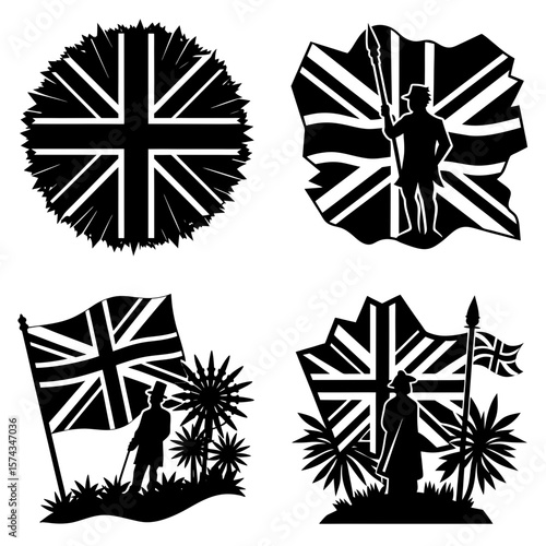 Four stylized black and white british flag designs with a man and spear illustration set design
