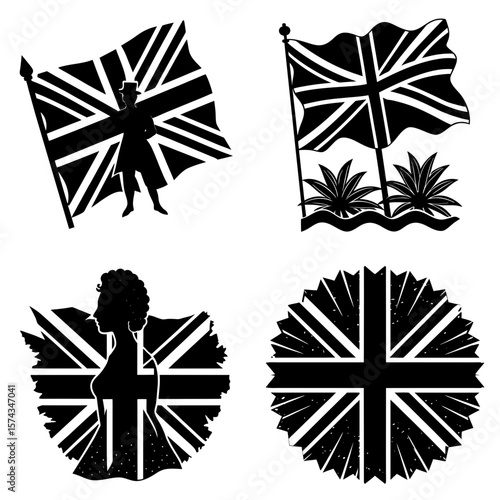 Four black and white british flag design elements with a person and plants in silhouette format