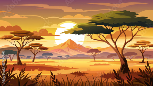 Serengeti National Park, Tanzania – Golden grasslands stretch to distant horizon, dotted with acacia trees silhouetted against sunset. Herds of wildebeest graze, capturing Africa’s timeless wilderness