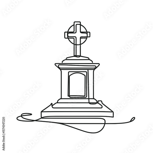 Simple line drawing of a funeral altar with a cross on top  