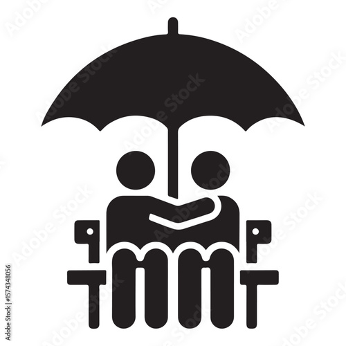 Couple embracing under an umbrella on a bench, symbol of protection and support