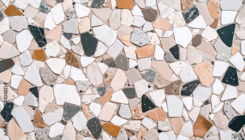 terrazzo surface pattern with scattered multicolored stone fragments on light background in decorative composite style