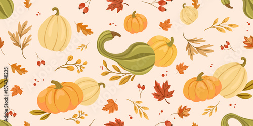 Seamless autumn pattern with pumpkins, gourds, fall leaves, and berries on a light background, perfect for seasonal packaging, textiles, Thanksgiving decor, harvest themed designs.Vector illustration