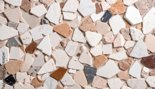 terrazzo surface pattern with scattered multicolored stone fragments on light background in decorative composite style