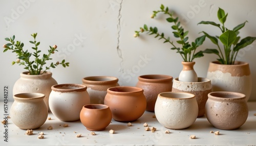 Wallpaper Mural round pottery pots in gentle earth tones, spaced apart Torontodigital.ca