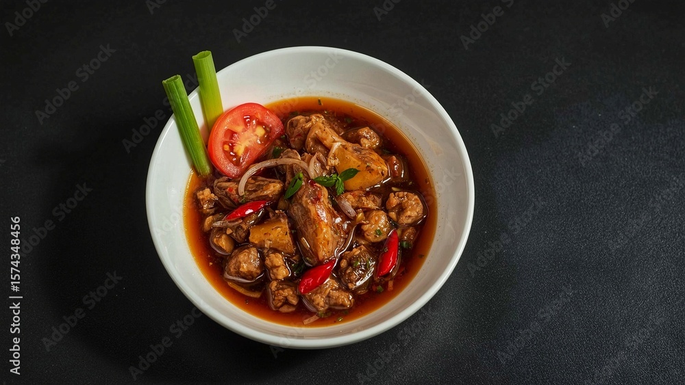 Anchovy Sambal with Tomato and Celery Garnish on Matte Black Table Anchovy Sambal with Tomato and Celery Garnish on Matte Black Table