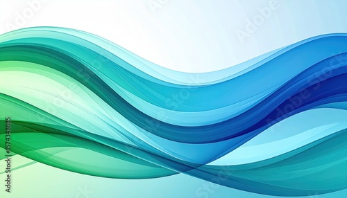 layered abstract wave pattern in blue and green tones with white background creating fluid visual motion and depth