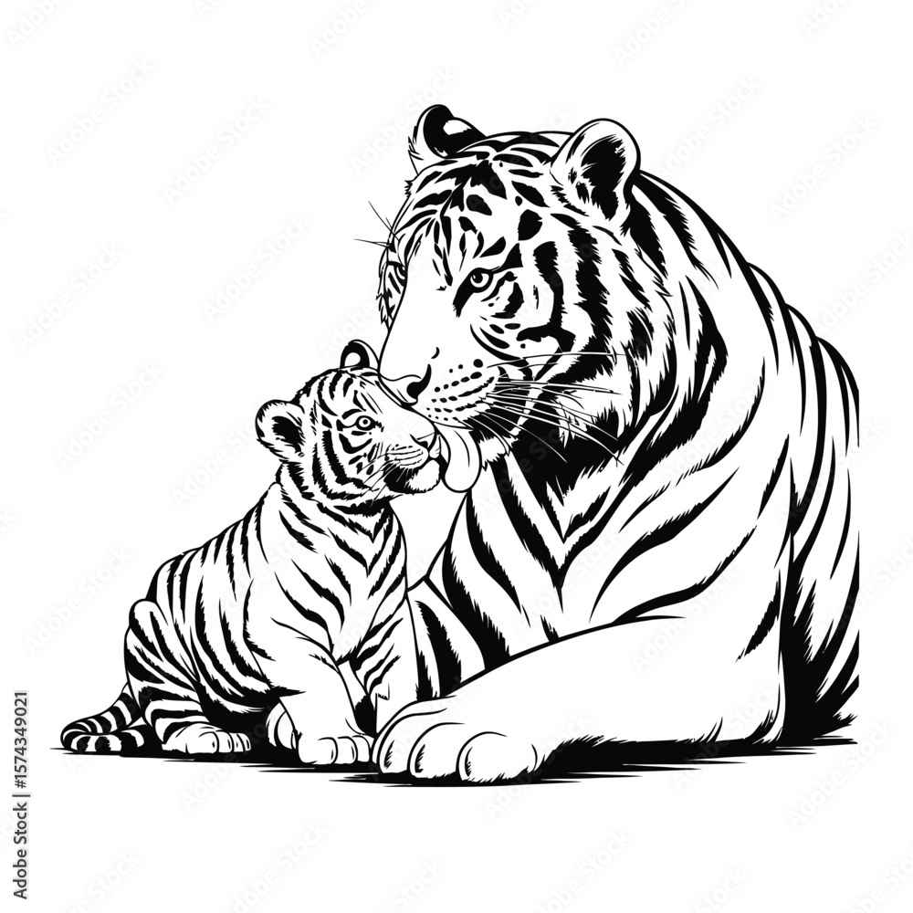 Fototapeta premium Black and white vector illustration of a tiger gently licking its cub, highlighting protective affection and the quiet bond of parent and child