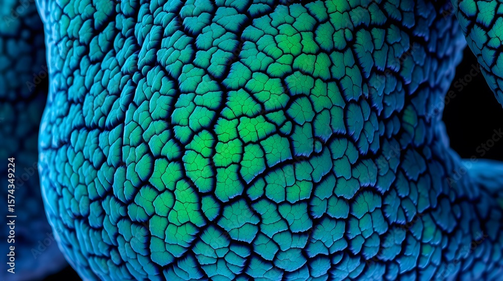 Obraz premium A close-up of an abstract surface with a highly detailed, textured pattern resembling scales or cracked earth in vibrant blue and green tones, suggesting an organic or alien form