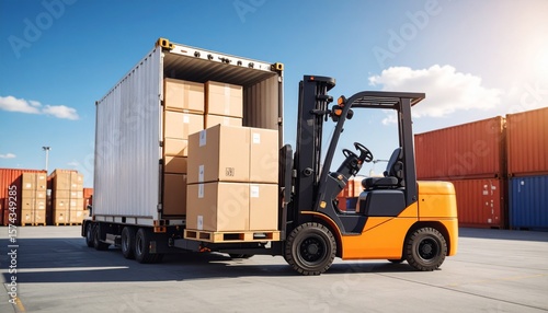 Logistics Symphony: A yellow forklift diligently unloads a semi-trailer laden with cardboard boxes, signifying seamless operations in a bustling industrial setting, under a clear blue sky.