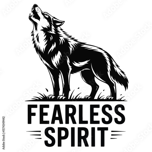 Black and white vector of a lone howling wolf with detailed fur and fearless spirit text layered over vintage textured background