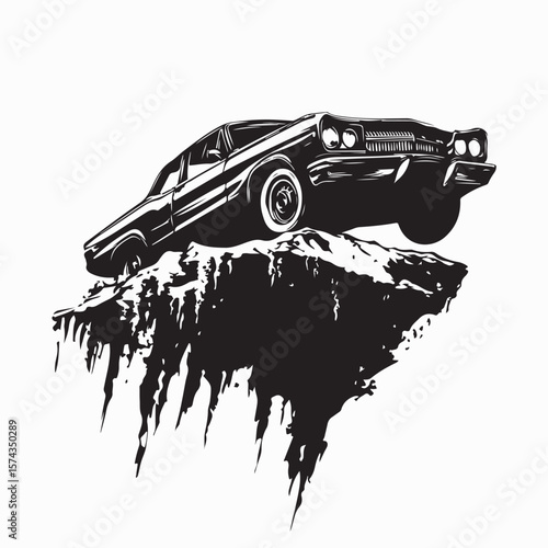 Uncontrolled Vehicle Teetering on the Edge of a Dangerous and Steep Mountain Cliff Vector
