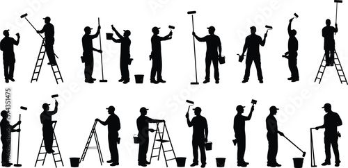 Silhouette of painters working, ladder, roller brush, bucket, painting tools, handyman, repair, house painter vector, black worker figure