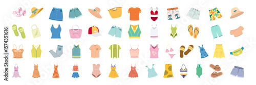 Flat summer fashion clothes, shoes, swimwear and accessories collection Set