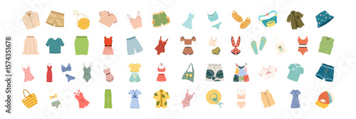 Flat summer fashion clothes, shoes, swimwear and accessories collection Set